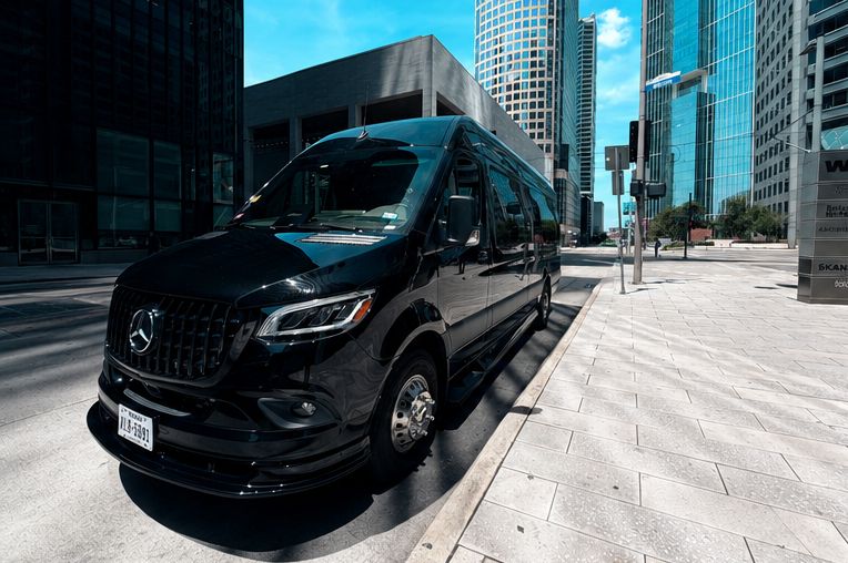 Mercedes Sprinter private jet downtown front — Houston Limo Chauffeur