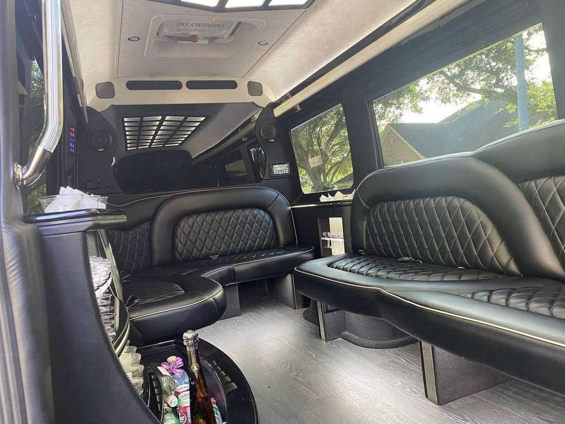 Mercedes Sprinter limousine interior bar — Houston Limo Chauffeur