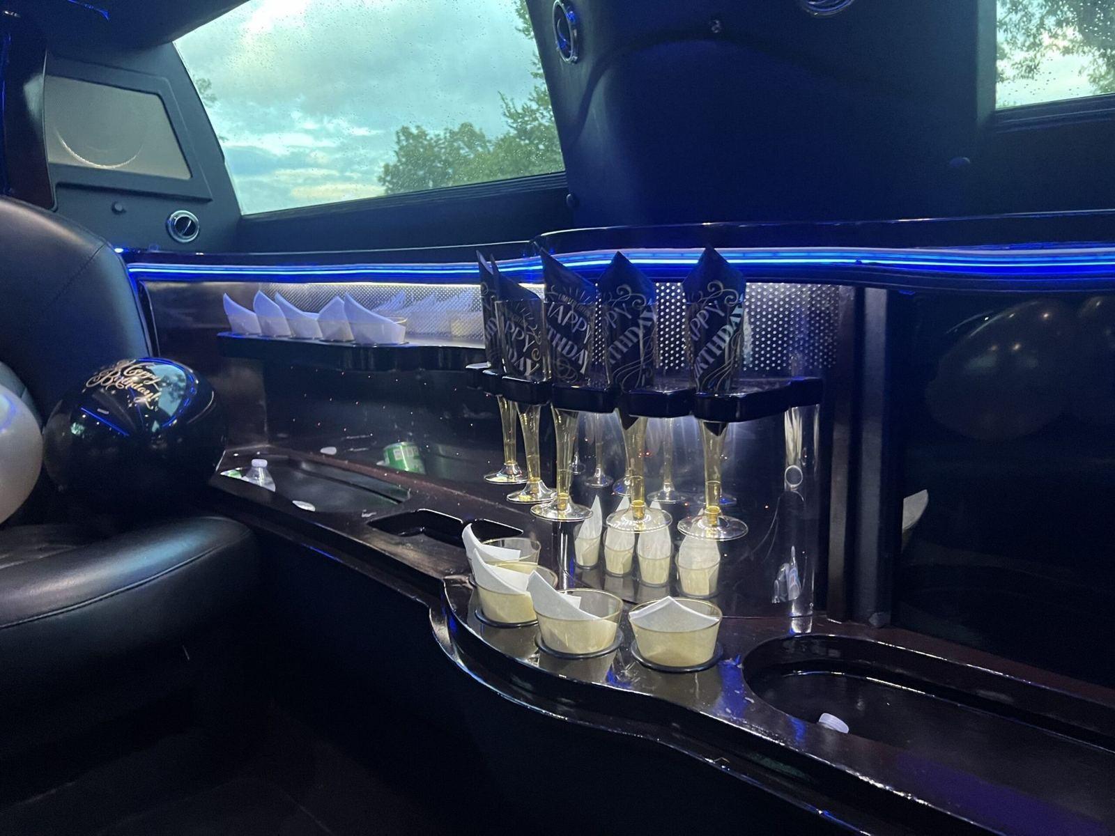 Lincoln MKT stretch limousine interior bar — Houston Limo Chauffeur